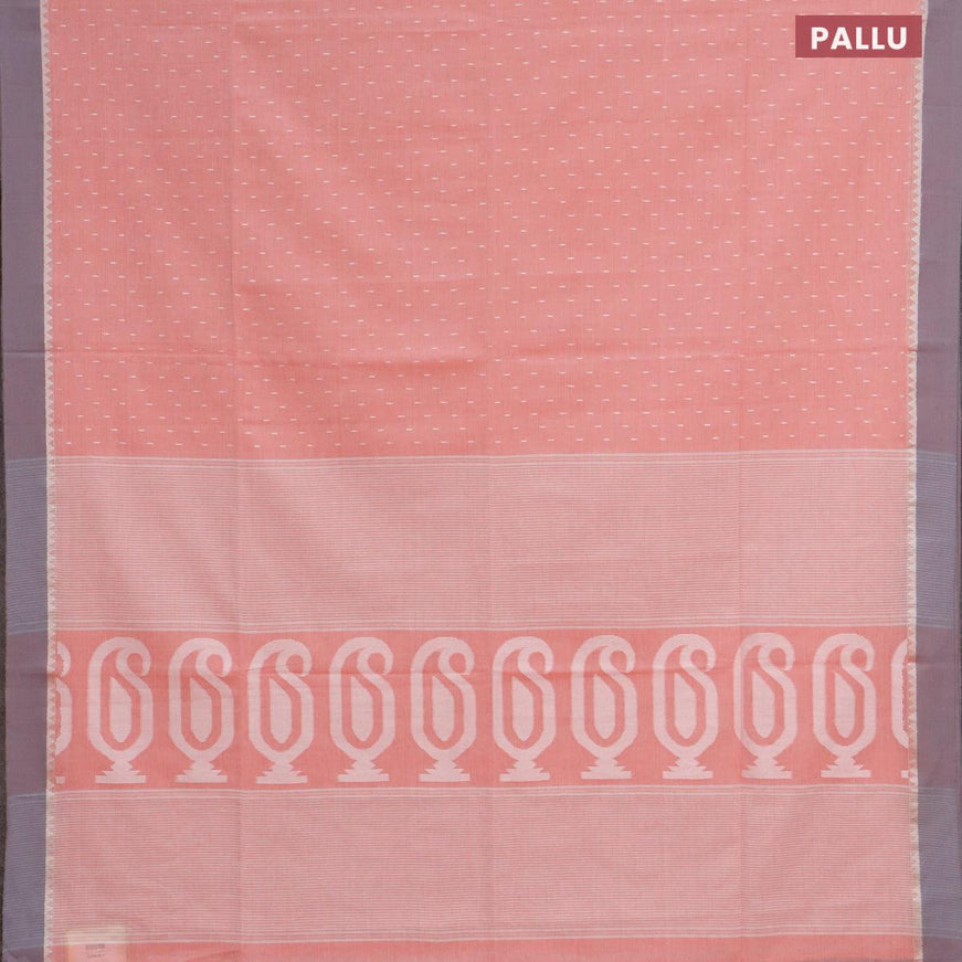 Khadi cotton saree peach pink with allover thread weaves and temple design simple border -