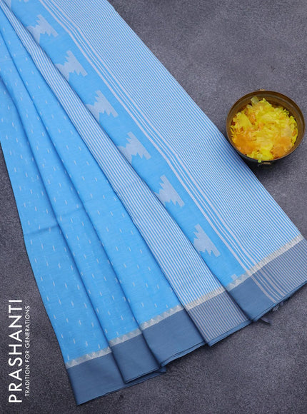 Khadi cotton saree light blue with allover thread weaves and temple design simple border -