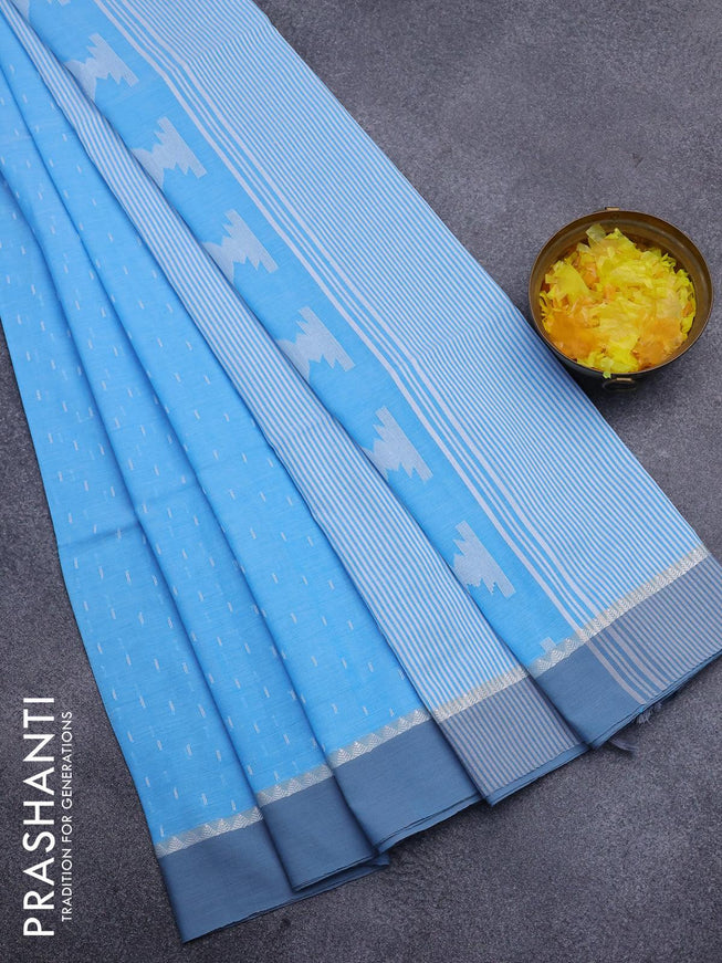 Khadi cotton saree light blue with allover thread weaves and temple design simple border -