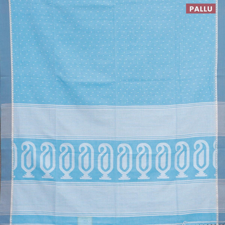 Khadi cotton saree light blue with allover thread weaves and temple design simple border -