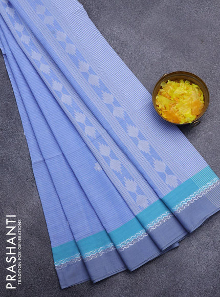 Khadi cotton saree blue with thread woven buttas and simple border -