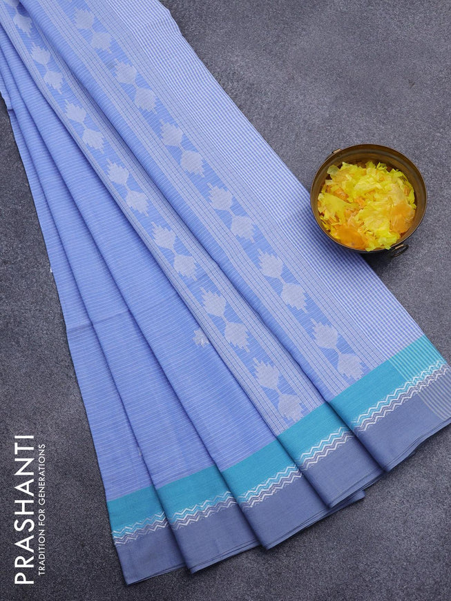 Khadi cotton saree blue with thread woven buttas and simple border -