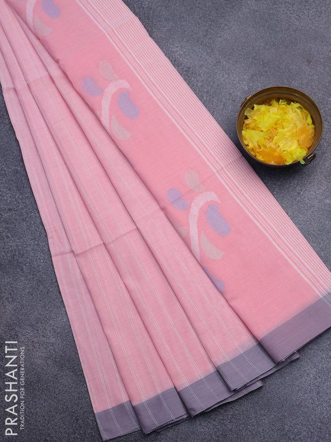 Khadi cotton saree peach pink with allover stripes pattern and simple border -