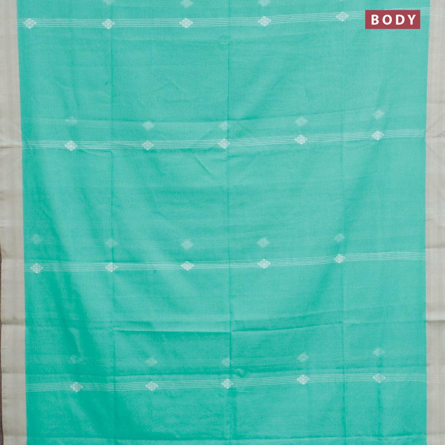 Khadi cotton saree teal green shade and beige with allover thread strips & buttas and simple border -