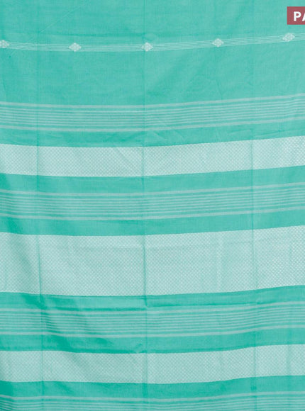 Khadi cotton saree teal green shade and beige with allover thread strips & buttas and simple border -