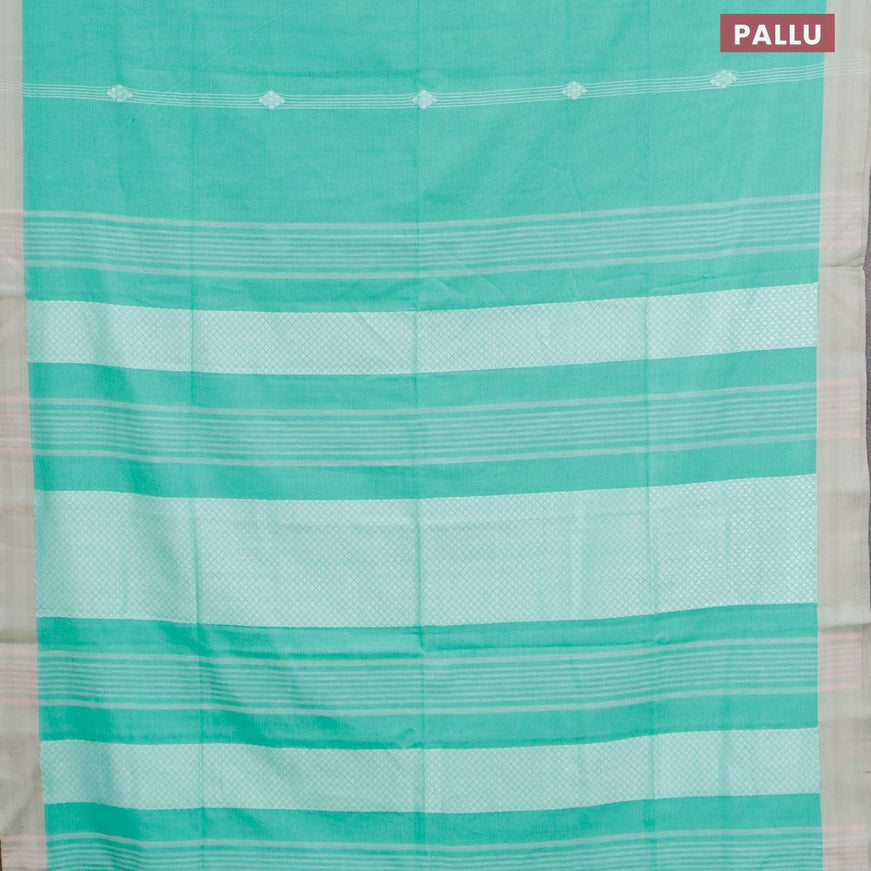 Khadi cotton saree teal green shade and beige with allover thread strips & buttas and simple border -