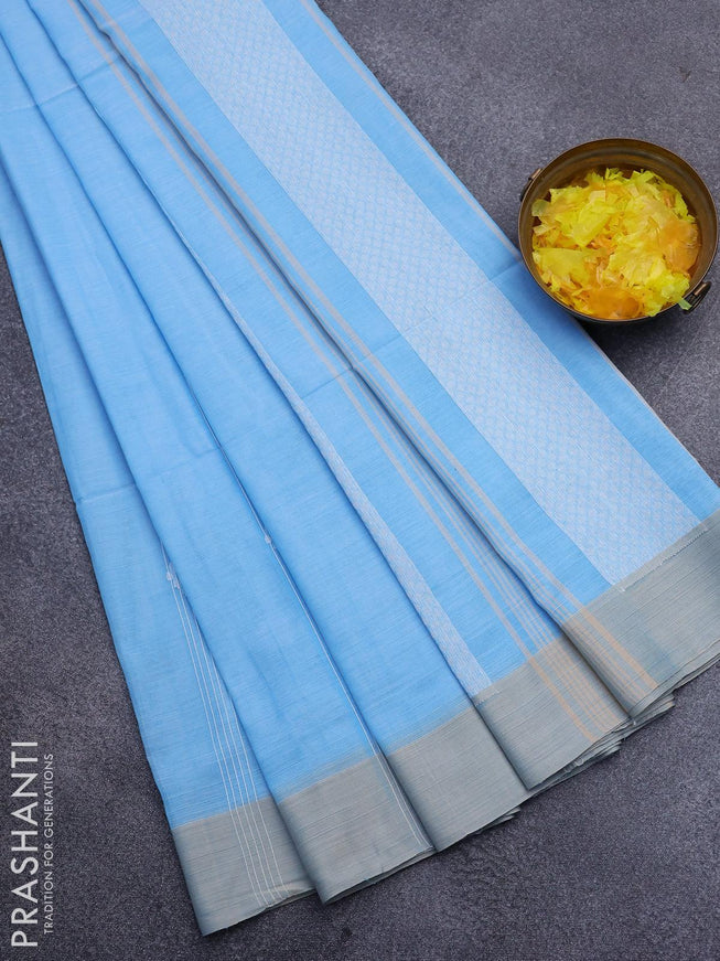 Khadi cotton saree light blue with allover thread strips & buttas and simple border -