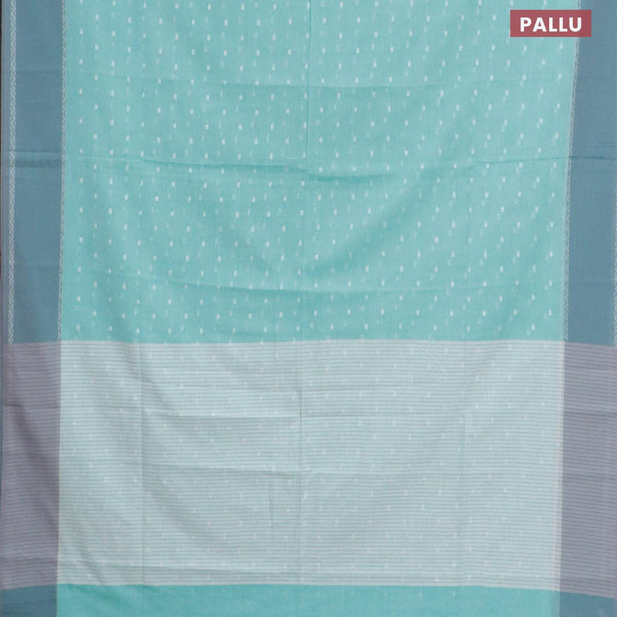 Khadi cotton saree teal blue and grey with allover thread woven buttas and simple border -