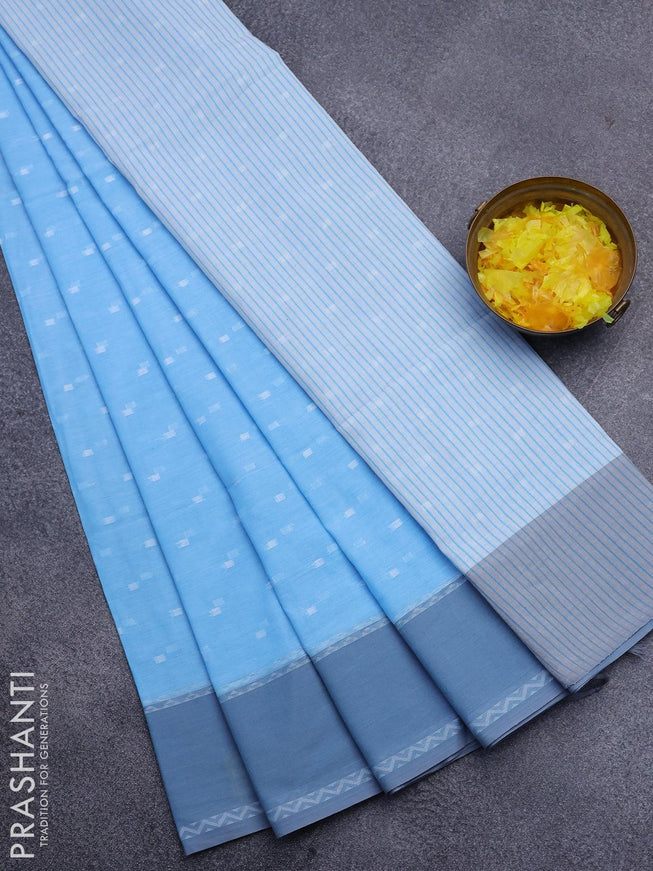 Khadi cotton saree light blue and grey with allover thread woven buttas and simple border -