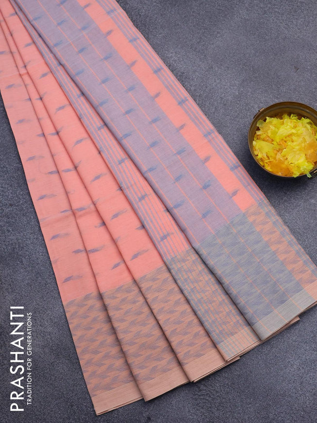 Khadi cotton saree peach pink and grey with thread woven geometric buttas and thread woven border -