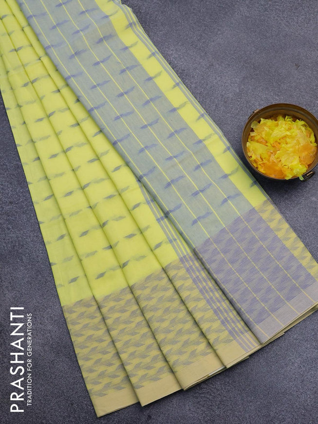 Khadi cotton saree lime yellow and grey with thread woven geometric buttas and thread woven border -