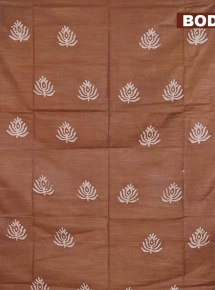 Linen cotton saree brown with allover batik butta prints and silver zari woven border