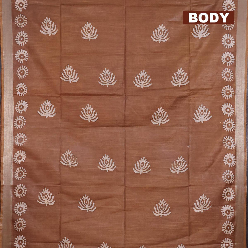 Linen cotton saree brown with allover batik butta prints and silver zari woven border