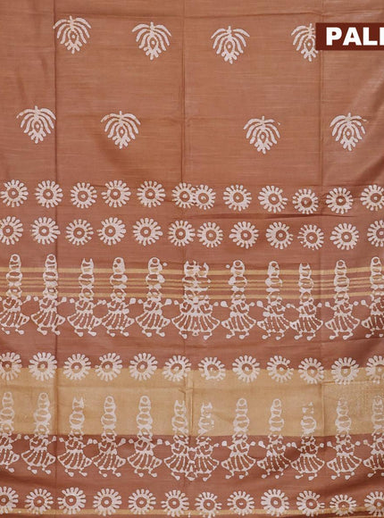 Linen cotton saree brown with allover batik butta prints and silver zari woven border