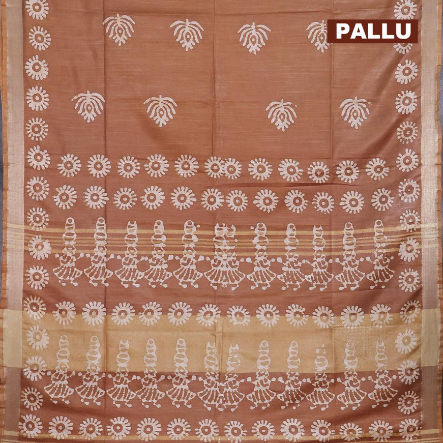 Linen cotton saree brown with allover batik butta prints and silver zari woven border