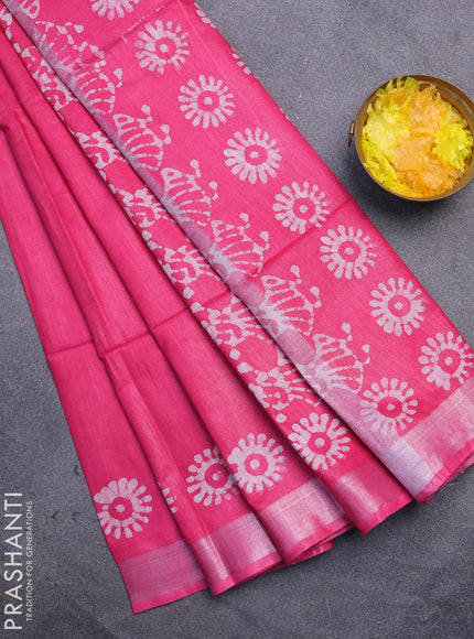 Linen cotton saree pink with allover batik butta prints and silver zari woven border