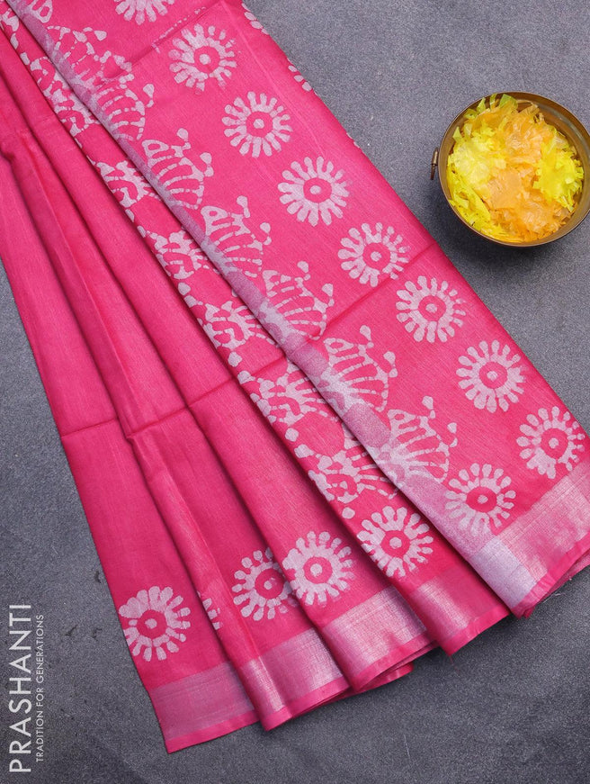 Linen cotton saree pink with allover batik butta prints and silver zari woven border