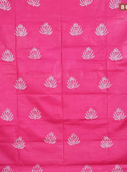 Linen cotton saree pink with allover batik butta prints and silver zari woven border