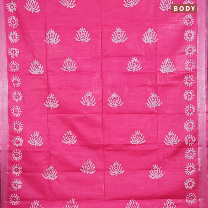 Linen cotton saree pink with allover batik butta prints and silver zari woven border