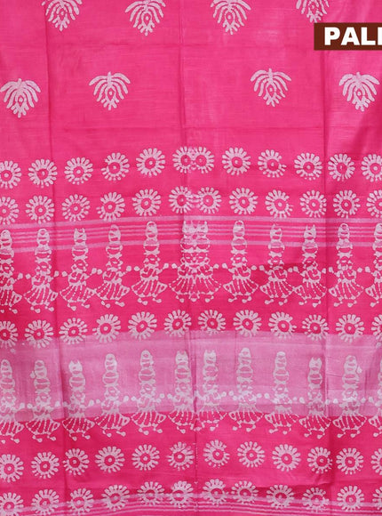 Linen cotton saree pink with allover batik butta prints and silver zari woven border