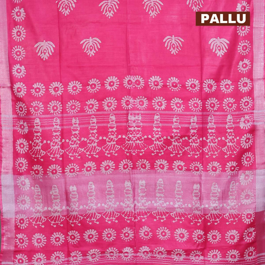 Linen cotton saree pink with allover batik butta prints and silver zari woven border