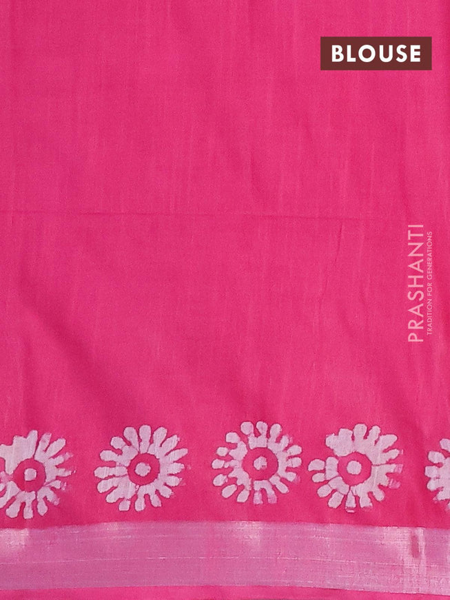 Linen cotton saree pink with allover batik butta prints and silver zari woven border