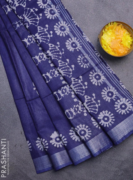 Linen cotton saree navy blue with allover batik butta prints and silver zari woven border