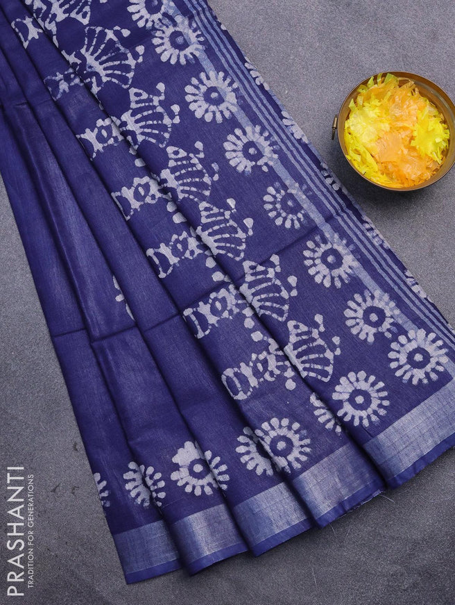 Linen cotton saree navy blue with allover batik butta prints and silver zari woven border