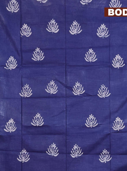 Linen cotton saree navy blue with allover batik butta prints and silver zari woven border