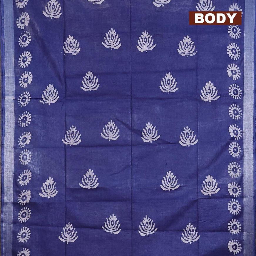 Linen cotton saree navy blue with allover batik butta prints and silver zari woven border