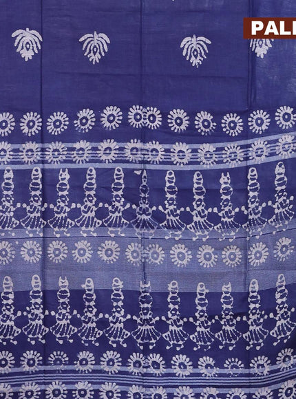 Linen cotton saree navy blue with allover batik butta prints and silver zari woven border