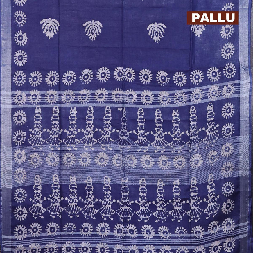 Linen cotton saree navy blue with allover batik butta prints and silver zari woven border