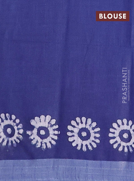 Linen cotton saree navy blue with allover batik butta prints and silver zari woven border