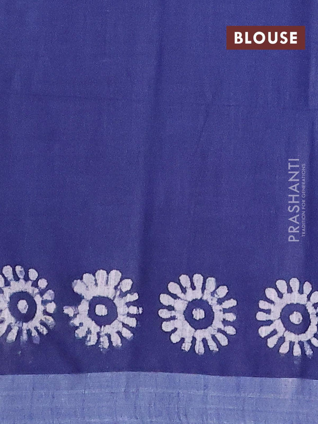 Linen cotton saree navy blue with allover batik butta prints and silver zari woven border