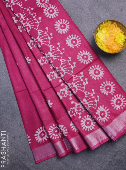 Linen cotton saree magenta pink with allover batik butta prints and silver zari woven border