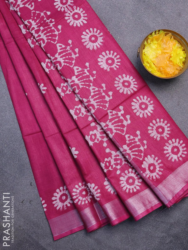 Linen cotton saree magenta pink with allover batik butta prints and silver zari woven border