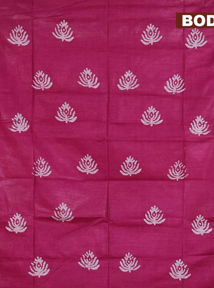 Linen cotton saree magenta pink with allover batik butta prints and silver zari woven border