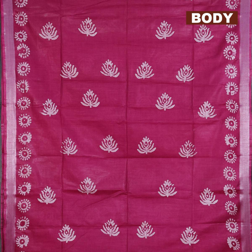 Linen cotton saree magenta pink with allover batik butta prints and silver zari woven border