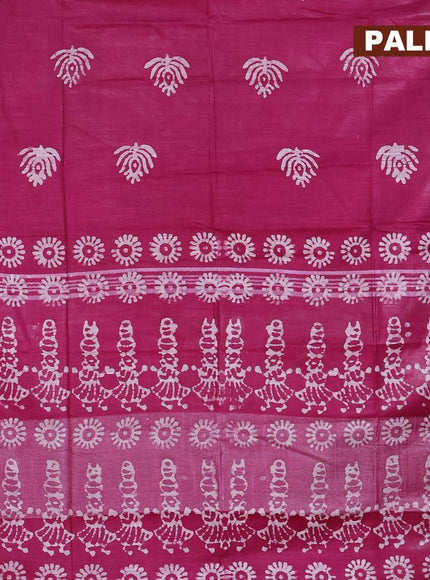 Linen cotton saree magenta pink with allover batik butta prints and silver zari woven border