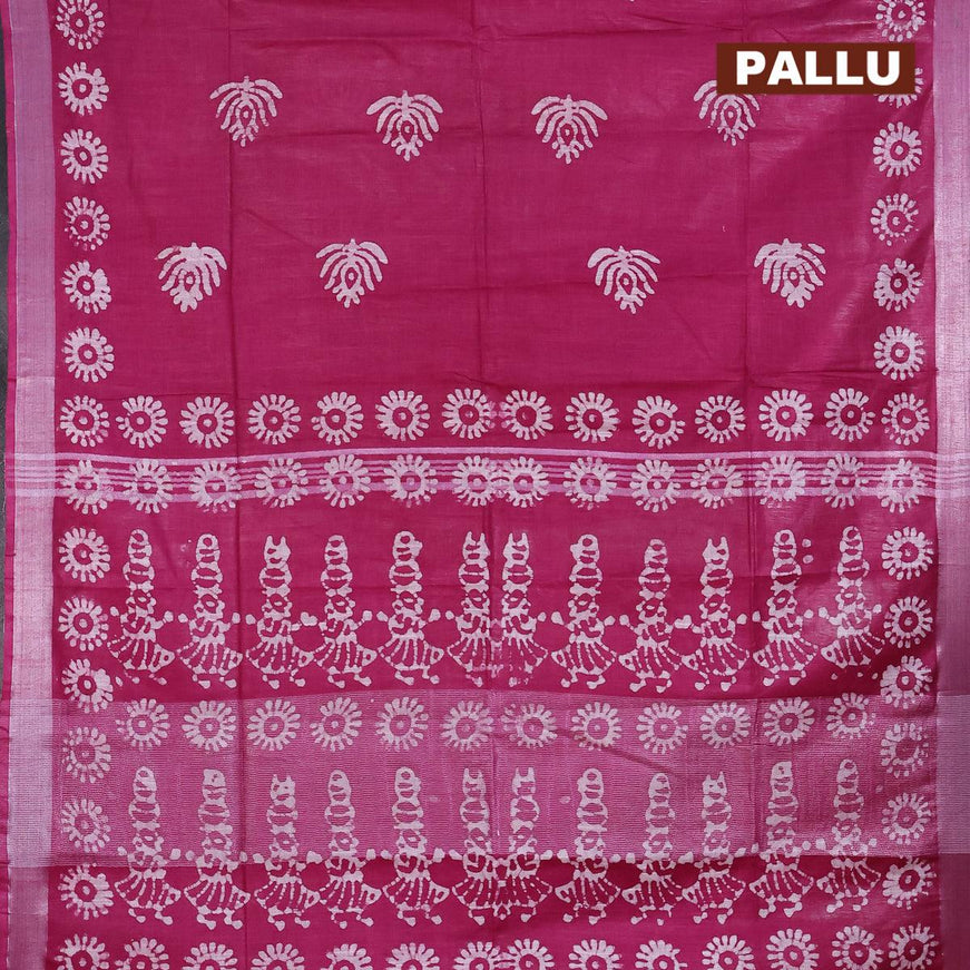 Linen cotton saree magenta pink with allover batik butta prints and silver zari woven border