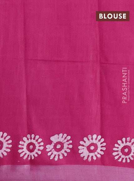 Linen cotton saree magenta pink with allover batik butta prints and silver zari woven border