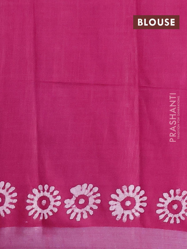 Linen cotton saree magenta pink with allover batik butta prints and silver zari woven border