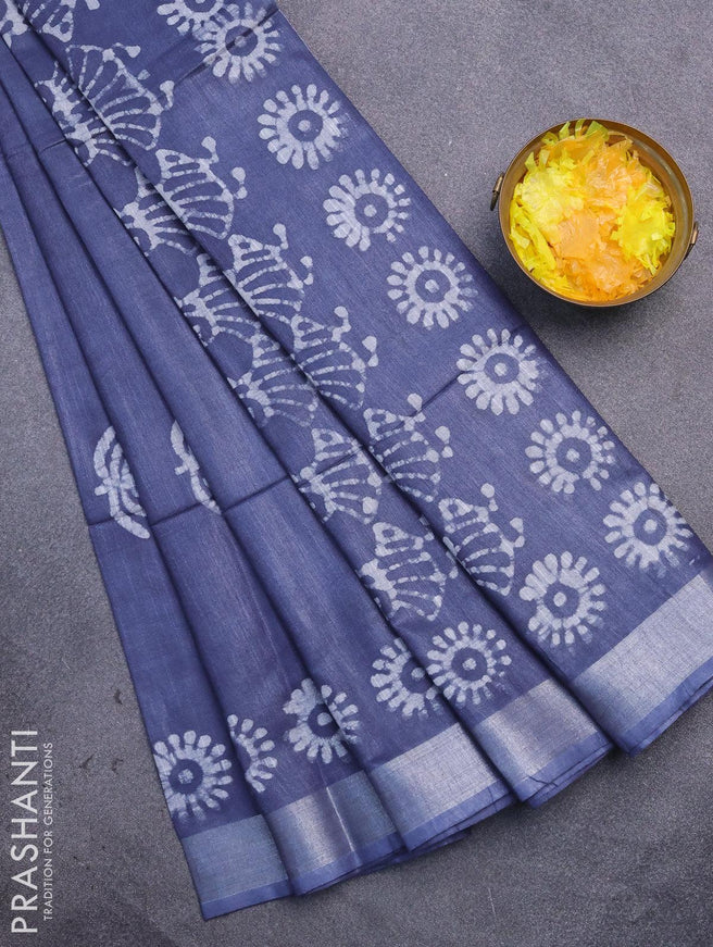 Linen cotton saree grey with allover batik butta prints and silver zari woven border