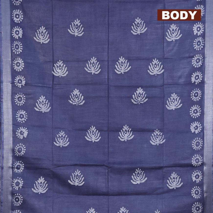 Linen cotton saree grey with allover batik butta prints and silver zari woven border