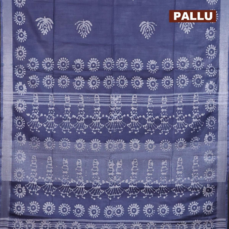 Linen cotton saree grey with allover batik butta prints and silver zari woven border