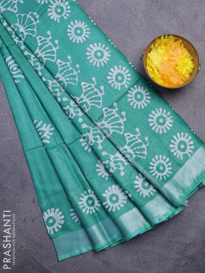 Linen cotton saree green with allover batik butta prints and silver zari woven border