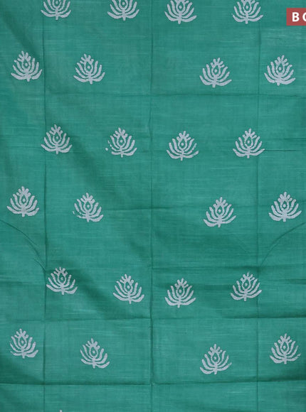 Linen cotton saree green with allover batik butta prints and silver zari woven border