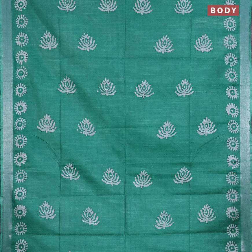 Linen cotton saree green with allover batik butta prints and silver zari woven border