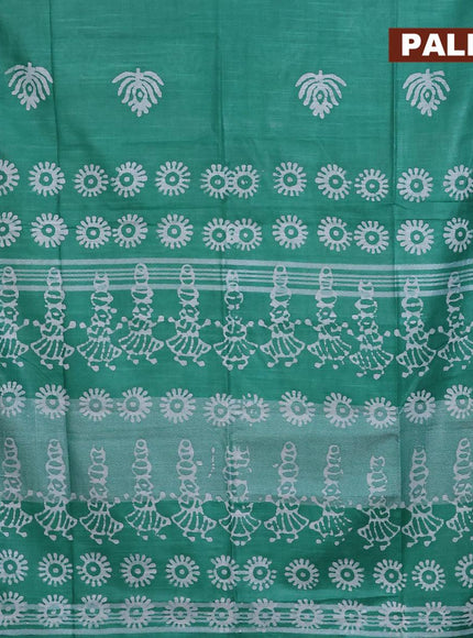 Linen cotton saree green with allover batik butta prints and silver zari woven border