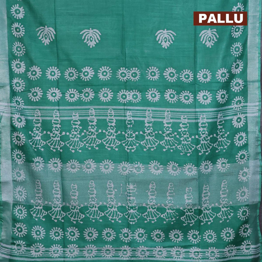 Linen cotton saree green with allover batik butta prints and silver zari woven border